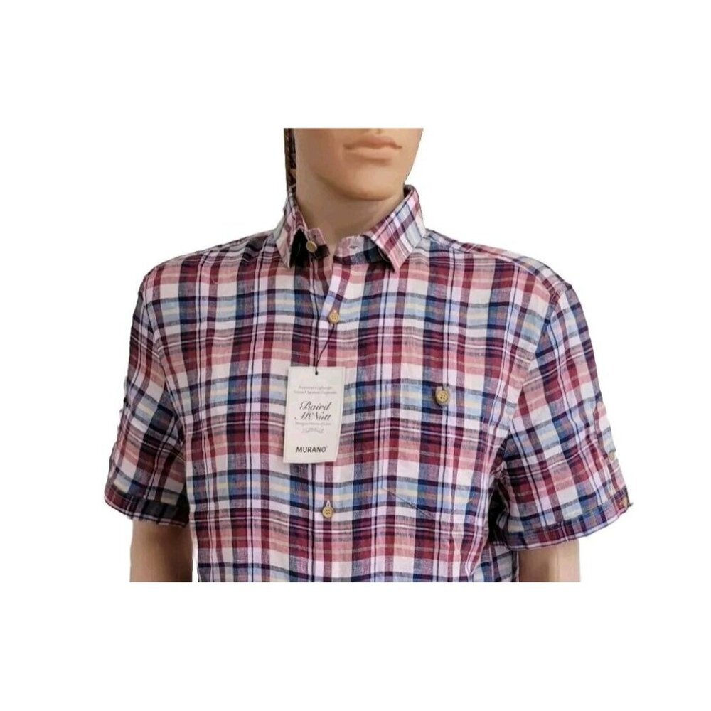 Baird McNutt Murano Men's Shirt Size L Linen Multicolor Plaid Red Multicolor 31